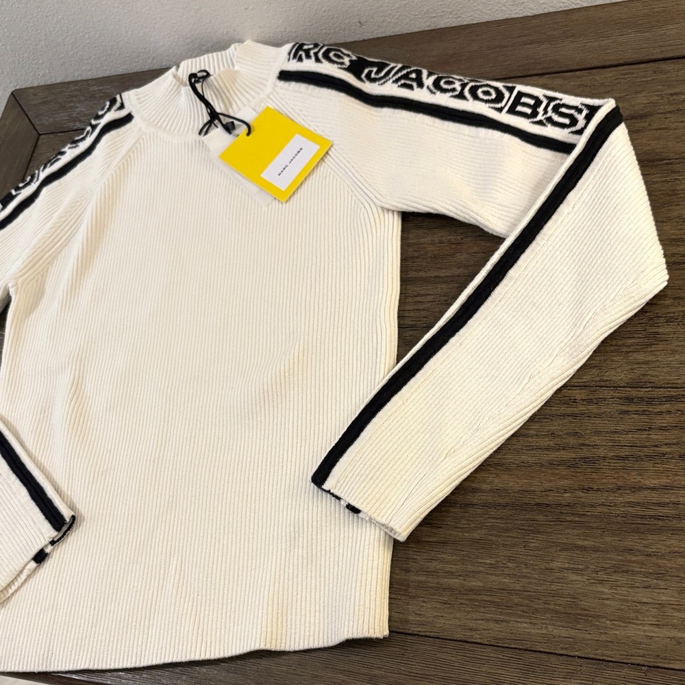 NWT [Marc Jacobs] Knitlogo Ribbed Sweater Stand-Up Collar White/Black Youth 12 - Picture 5 of 14